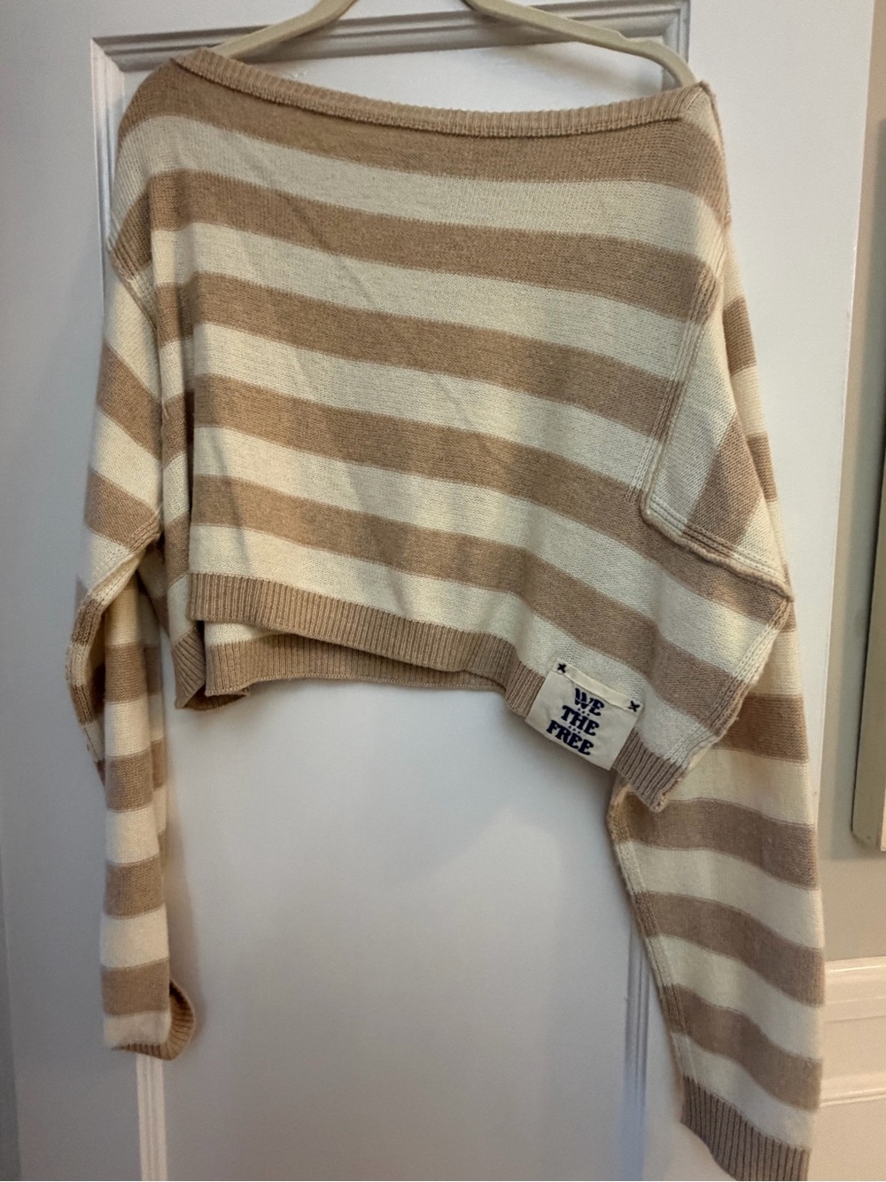 Free People Striped Crop Sweater in Cream and Tan - Size S